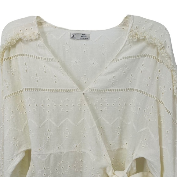 Zara Trf Collection Off-White Sheer Eyelet Fringe Wrap Boho Blouse - Sz S - Picture 4 of 16